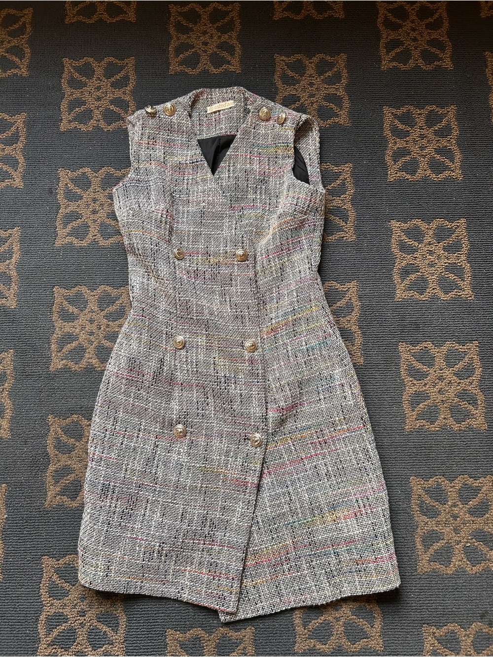 Double-Breasted Sleeveless Tweed Midi Dress in Multi-Color